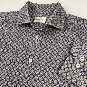 Emanuel Berg‎ Mens M 15.75 Blue Gray Geometric Modern Fit Dress Shirt Oxford